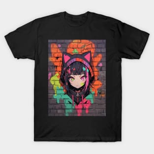 Kawaii Aesthetic Colorful Nekomimi Anime Cat Girl Graffiti Art Style T-Shirt